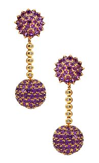 Salavetti Dangle Drops Convertible Earrings In 18K Gold With 24.55 Ctw In Amethyst.