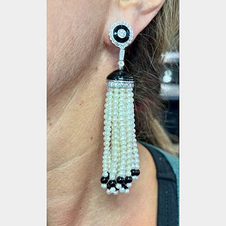 Platinum Diamond, Pearl, and Onyx Earrings