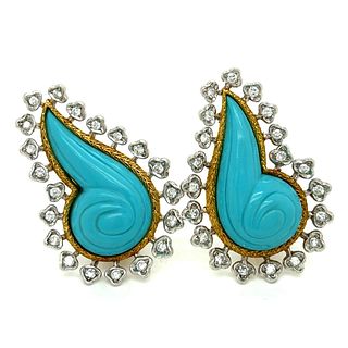 18K Yellow & White Gold Diamond and Turquoise Earrings