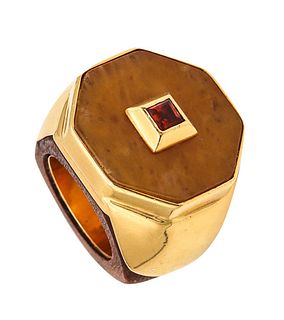 Modernist 1970 Cocktail Agate Ring In Wood And 18Kt Gold With Citrine