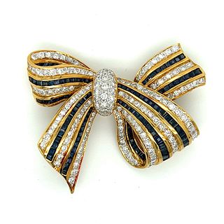 18K Yellow Gold Diamond & Sapphire Ribbon Brooch