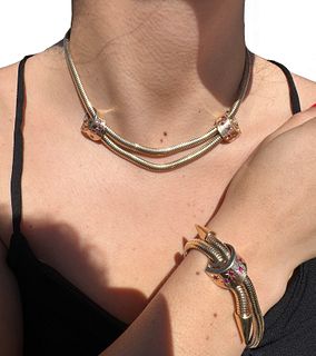 Suite of Retro Bracelet and Necklace in 14k Gold
