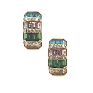 Multi color stones and Diamonds 18k Gold Earrings