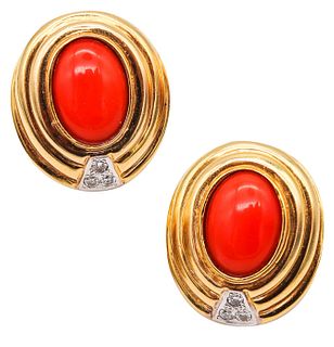 Italian Classic Earrings In 18K Gold with Coral And Diamonds