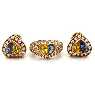 18K Yellow Gold Sapphire & Diamond Heart Ring and Earring Set