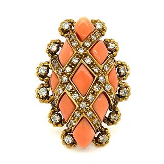 1960â€™s 18K Yellow Gold Coral & Diamond Ring