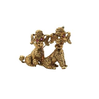 Two Dogs Brooch in 18k Gold with Rubies