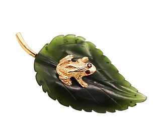 Cellino Frog Brooch In 14Kt Gold With Rubies & Jade