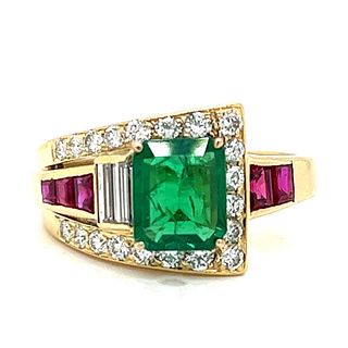 18K Yellow Gold Emerald, Ruby, and Diamond Ring