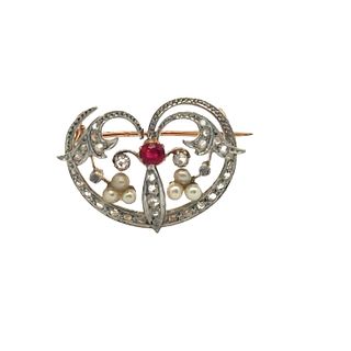 Hallmarked 18k Gold Brooch with diamonds, Ruby and Pearls