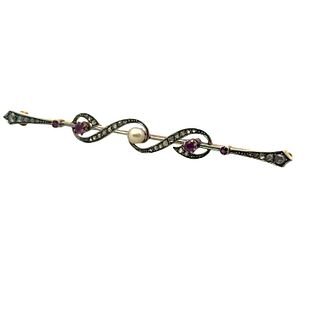 Antique18k Gold Pin Brooch with Diamonds & Rubies
