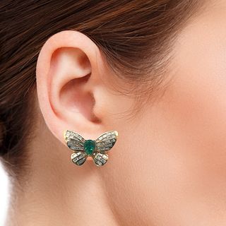 5.30 ctw in Diamonds & Emeralds 18k Gold Butterfly Earrings