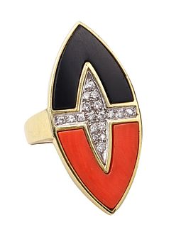 Retro Modern 1970 Sculptural Geometric Ring In 18K Gold With Diamonds Coral And Onyx