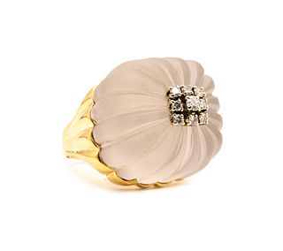 Modernist 18K Gold Cocktail Ring With Rock Crystal & Diamonds