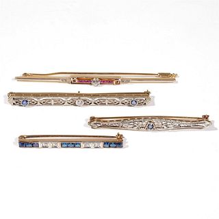 Lot of 4 Pin Brooches in 14k Gold with Diamonds & Gemstones