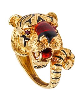 Frascarolo Milano Enameled Tiger Cocktail Ring in 18K Gold With Rubies