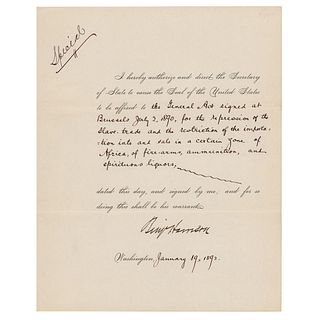 President Benjamin Harrison Signed Document on the "repression of the Slave-trade" (Brussels Conference Act of 1890)