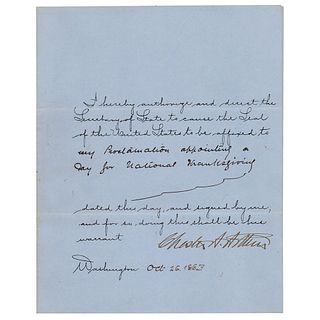 Chester A. Arthur Document Signed as President - Thanksgiving Proclamation