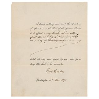 Benjamin Harrison Document Signed as President (1891) - Thanksgiving Proclamation
