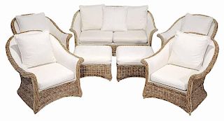 Seven-Piece Wicker and Upholstered