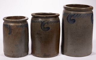 STAMPED "S. BELL & SON. / STRASBURG.", SHENANDOAH VALLEY OF VIRGINIA DECORATED STONEWARE JARS, LOT OF THREE