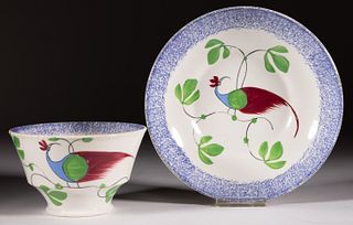 ENGLISH SPATTERWARE PEAFOWL CUP AND SAUCER SET