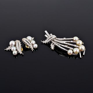 Platinum, Diamond & Pearl Estate Brooch & Pair of Earrings
