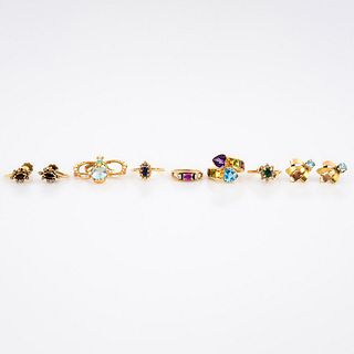 14K Gold Estate Jewelry: 4 Rings, 2 Pair Earrings, 1 Brooch