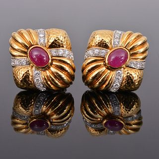 18K Gold, Ruby & Diamond Estate Earrings
