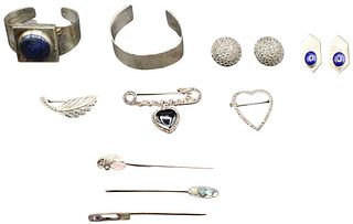 (12) Sterling Bracelets, Pins, Earrings, Stickpins