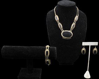 Silvertone Onyx Necklace,Earrings,Bracelet