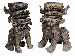 Pair Large Asian Carved Root-Wood Foo