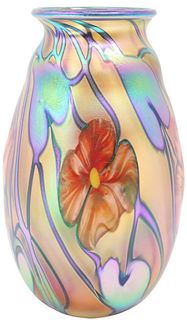 Irridescent Vertical Floral Vase Signed Lotton