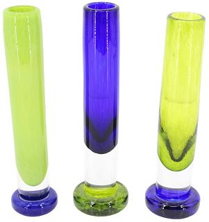 (3) Handblown Mixed Green, Blue & Clear Vases
