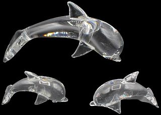 Group of (3) Steuben Signed Glass Dolphins