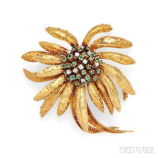 18kt Gold, Emerald, and Diamond Flower Brooch