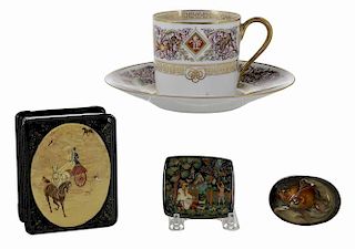 Three Russian Lacquer Boxes and Sevres