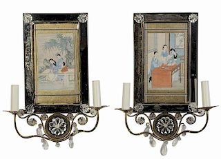 Pair Gilt Metal Sconces with Mirrored