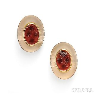 14kt Gold, Carnelian Cameo, and Rock Crystal Earclips, Trianon