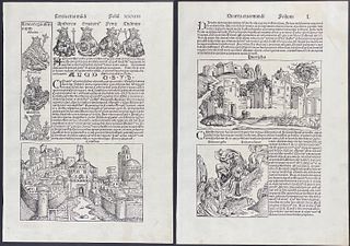 Schedel, pub. 1493 - 3 Pages of Town Views & Historical or Religious People