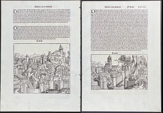 Schedel, pub. 1493 - Pair of Pages of Town Views & Historical or Religious People
