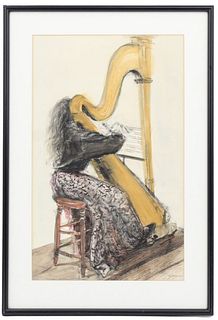 Pastel Painting of a Woman Playing a Harp