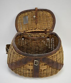 VINTAGE WICKER AND LEATHER FISHING CREEL