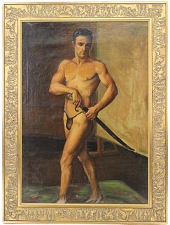 Important O/C of Semi Nude Muscular Man W/ Sword