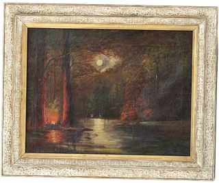 19C O/C Nocturnal Landscape Campfire on Water