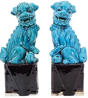 Pair of Chinese Blue Glazed Porcelain Foo Dogs
