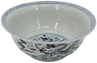 Large Chinese Blue and White Dragon Bowl