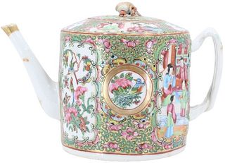 Chinese 19C Rose Medallion Porcelain Teapot