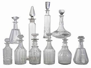 Ten Clear Crystal and Glass Decanters