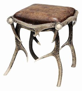 Stag Horn Leather-Upholstered Stool